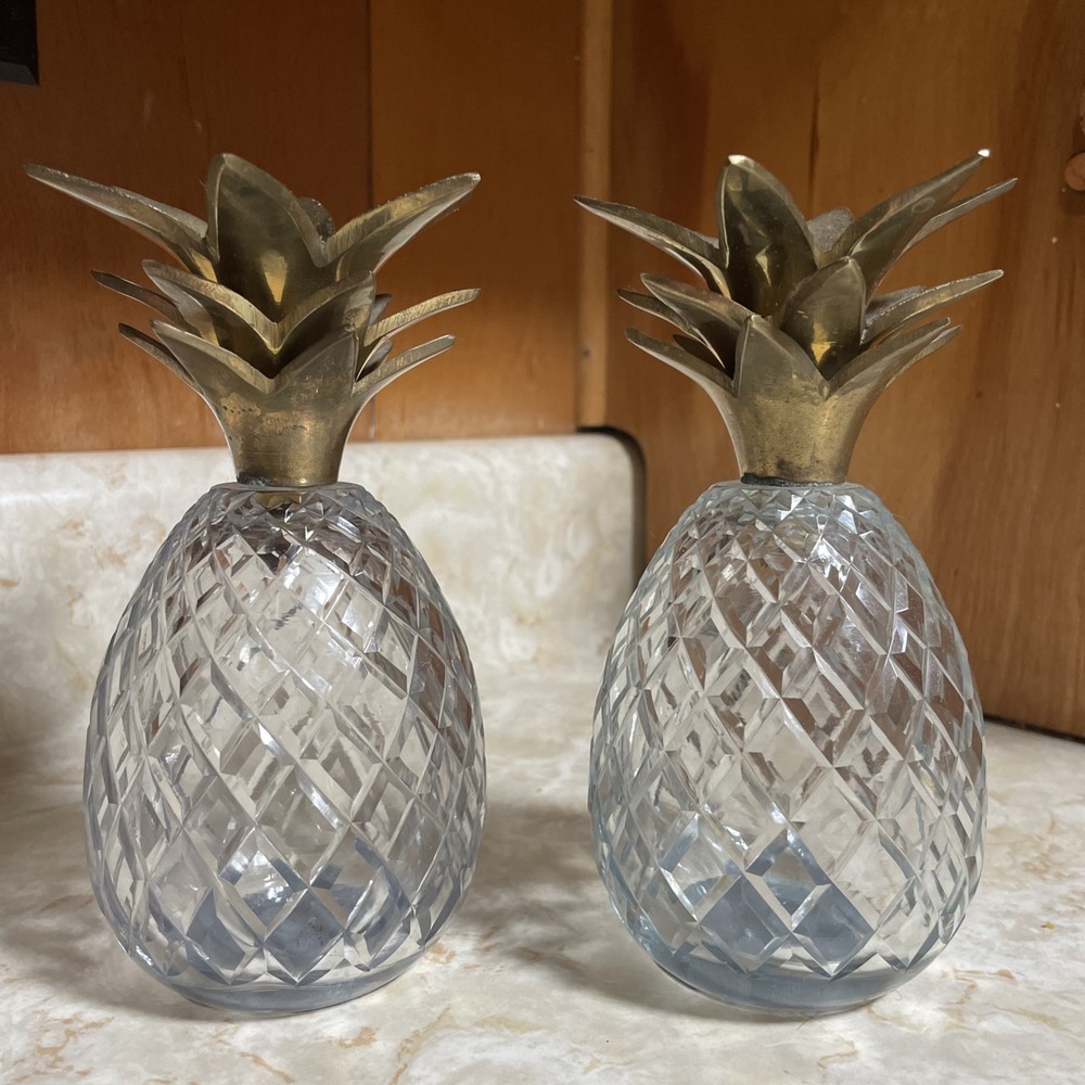 Vintage‎ Lead Crystal Pineapple Candle Holders with Brass Crown 6"